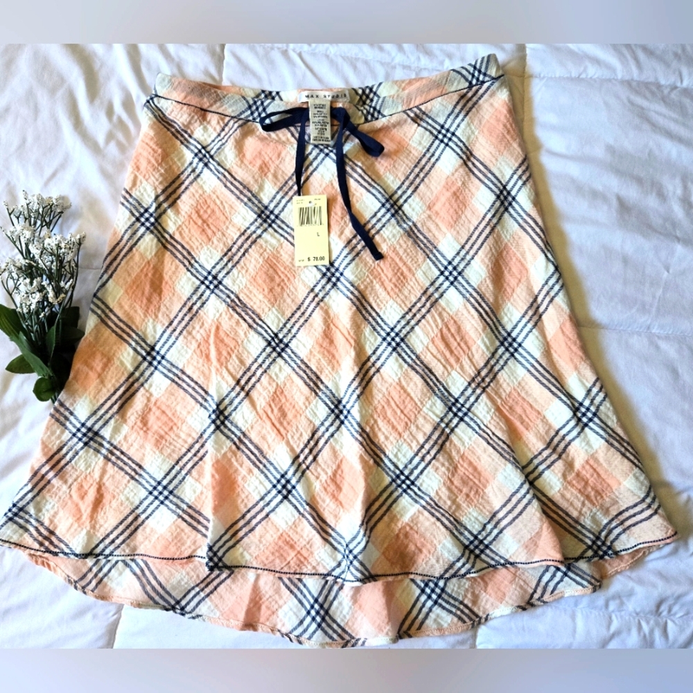 NWT A-Line Cotton Lined Knee Length Skirt Peach White and Blue Tie Front Size L